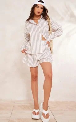Clearance PrettyLittleThing Taupe Stripe Cotton Elasticated Floaty Shorts Taupe.