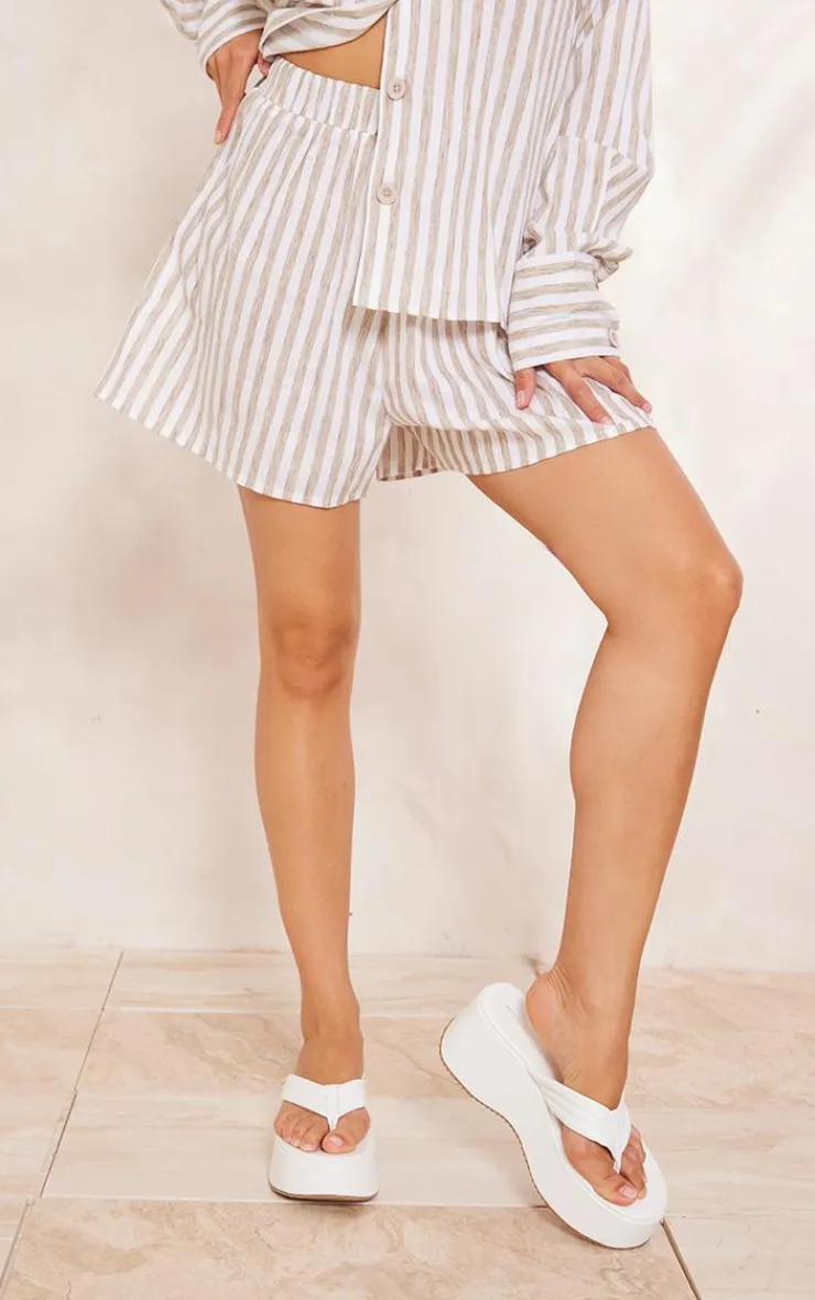 Clearance PrettyLittleThing Taupe Stripe Cotton Elasticated Floaty Shorts Taupe.