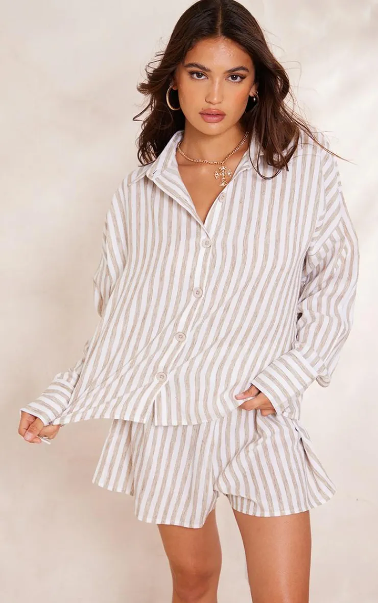 Clearance PrettyLittleThing Taupe Stripe Cotton Elasticated Floaty Shorts Taupe.