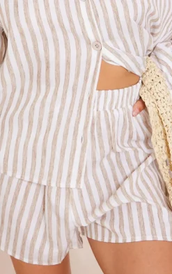 Clearance PrettyLittleThing Taupe Stripe Cotton Elasticated Floaty Shorts Taupe.