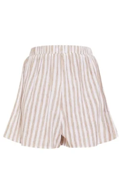 Clearance PrettyLittleThing Taupe Stripe Cotton Elasticated Floaty Shorts Taupe.