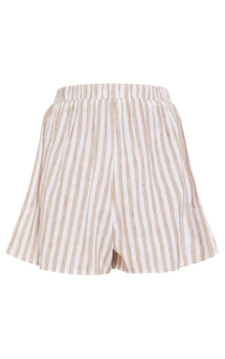 Clearance PrettyLittleThing Taupe Stripe Cotton Elasticated Floaty Shorts Taupe.
