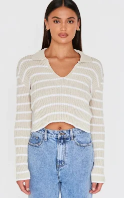 PrettyLittleThing Knitted Tops*Stripe Rib Knit V Neck Cropped Polo