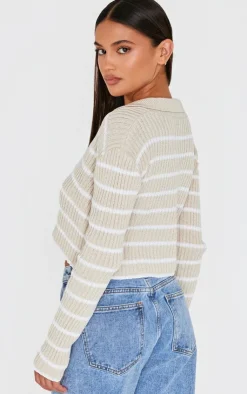 PrettyLittleThing Knitted Tops*Stripe Rib Knit V Neck Cropped Polo