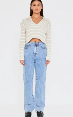 PrettyLittleThing Knitted Tops*Stripe Rib Knit V Neck Cropped Polo