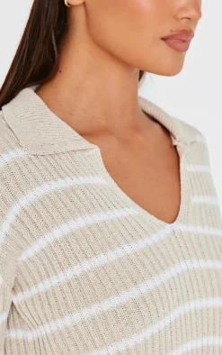 PrettyLittleThing Knitted Tops*Stripe Rib Knit V Neck Cropped Polo