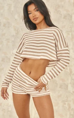 Discount PrettyLittleThing Stripe Textured Rib Oversized Crop Top Taupe