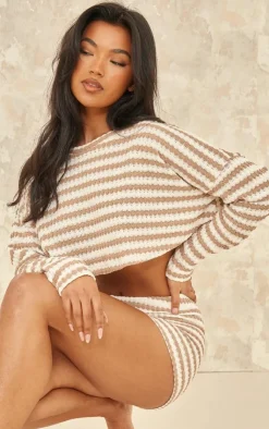 Discount PrettyLittleThing Stripe Textured Rib Oversized Crop Top Taupe