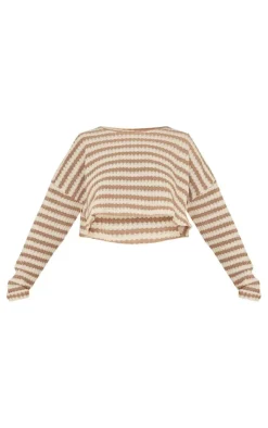 Discount PrettyLittleThing Stripe Textured Rib Oversized Crop Top Taupe