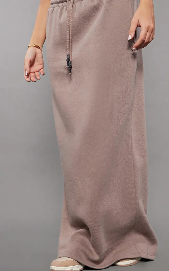 Taupe Sweat Drawstring Midi Skirt