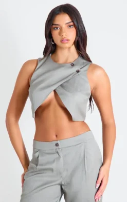 Online PrettyLittleThing Tailored Asymmetric Button Vest Taupe