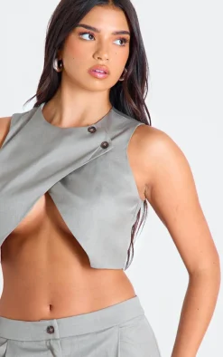 Online PrettyLittleThing Tailored Asymmetric Button Vest Taupe