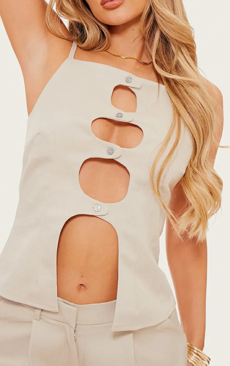 PrettyLittleThing Tailored Cut Out Button Detail Cami Top Taupe