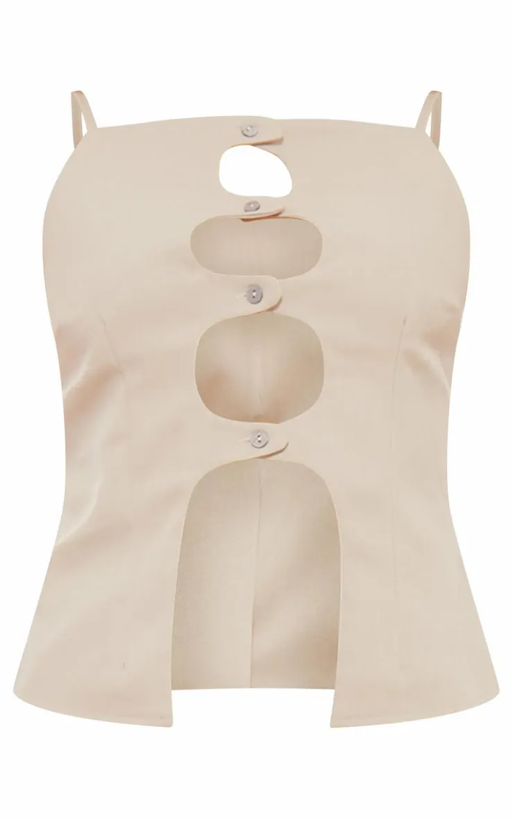 PrettyLittleThing Tailored Cut Out Button Detail Cami Top Taupe