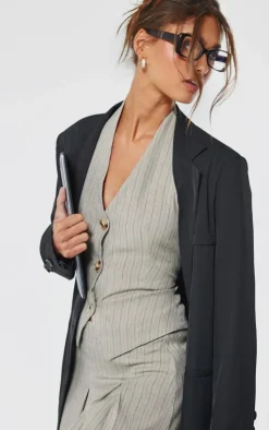 Hot PrettyLittleThing Tailored Woven Herringbone Halterneck Top Taupe