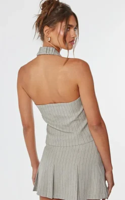 Hot PrettyLittleThing Tailored Woven Herringbone Halterneck Top Taupe