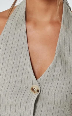 Hot PrettyLittleThing Tailored Woven Herringbone Halterneck Top Taupe