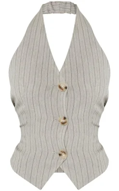 Hot PrettyLittleThing Tailored Woven Herringbone Halterneck Top Taupe