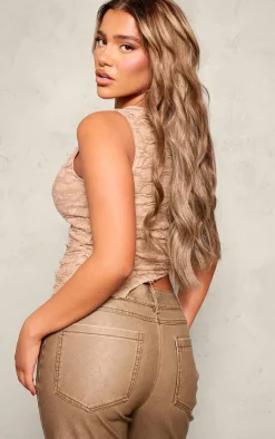 PrettyLittleThing Sleeveless Tops*Textured Distressed Asymmetric Hem Crop Top