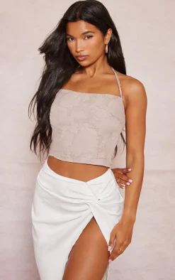 Taupe Textured Halterneck Crop Top