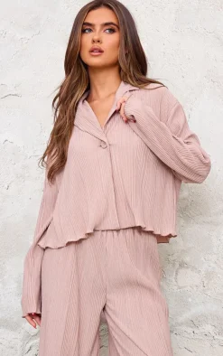 Hot PrettyLittleThing Textured Pleated Button Front Shirt Taupe