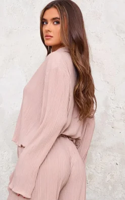 Hot PrettyLittleThing Textured Pleated Button Front Shirt Taupe