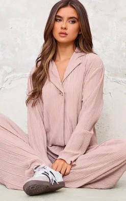 Hot PrettyLittleThing Textured Pleated Button Front Shirt Taupe