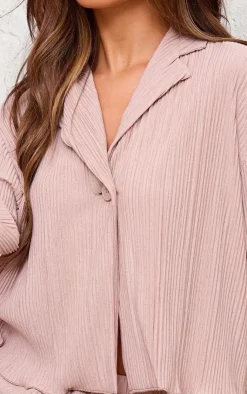 Hot PrettyLittleThing Textured Pleated Button Front Shirt Taupe