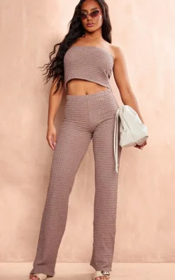 Hot PrettyLittleThing Textured Rib Flare Pants Taupe
