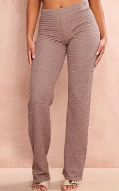 Hot PrettyLittleThing Textured Rib Flare Pants Taupe