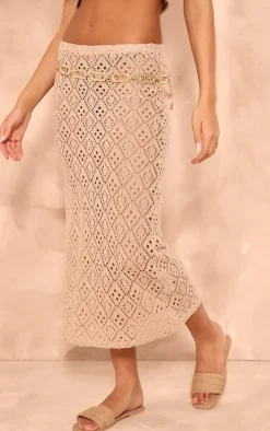 Hot PrettyLittleThing Textured Rib Low Rise Midaxi Skirt Taupe