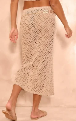 Hot PrettyLittleThing Textured Rib Low Rise Midaxi Skirt Taupe