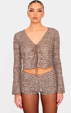 Discount PrettyLittleThing Textured Sequin Tie Top Taupe
