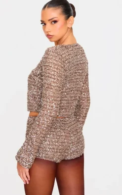 Discount PrettyLittleThing Textured Sequin Tie Top Taupe