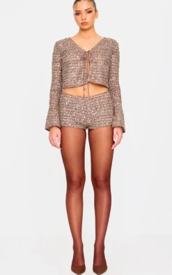 Discount PrettyLittleThing Textured Sequin Tie Top Taupe