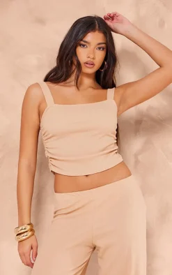 Hot PrettyLittleThing Textured Square Neck Long Top Taupe