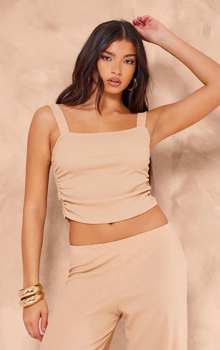 Hot PrettyLittleThing Textured Square Neck Long Top Taupe