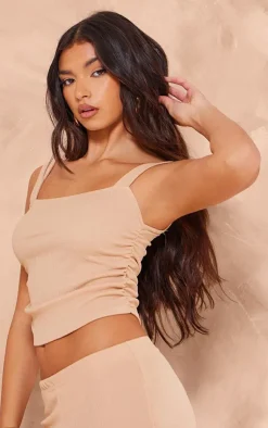 Hot PrettyLittleThing Textured Square Neck Long Top Taupe