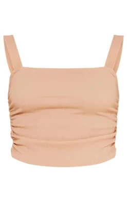 Hot PrettyLittleThing Textured Square Neck Long Top Taupe