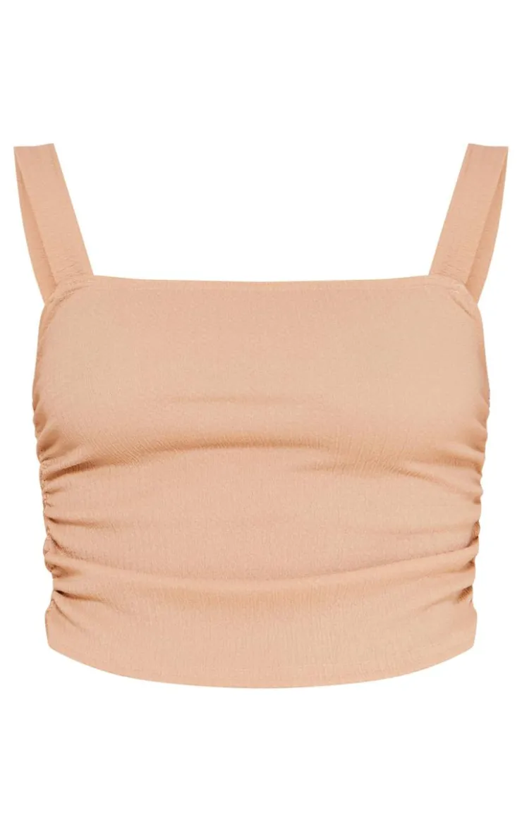 Hot PrettyLittleThing Textured Square Neck Long Top Taupe
