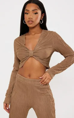 PrettyLittleThing Textured Twist Front Long Sleeve Top Taupe