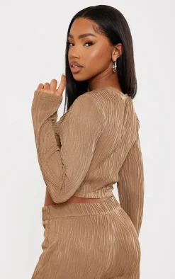 PrettyLittleThing Textured Twist Front Long Sleeve Top Taupe