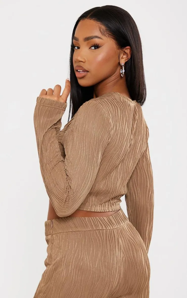 PrettyLittleThing Textured Twist Front Long Sleeve Top Taupe