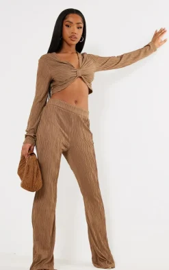 PrettyLittleThing Textured Twist Front Long Sleeve Top Taupe