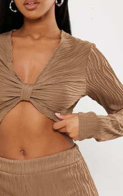 PrettyLittleThing Textured Twist Front Long Sleeve Top Taupe