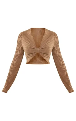 PrettyLittleThing Textured Twist Front Long Sleeve Top Taupe