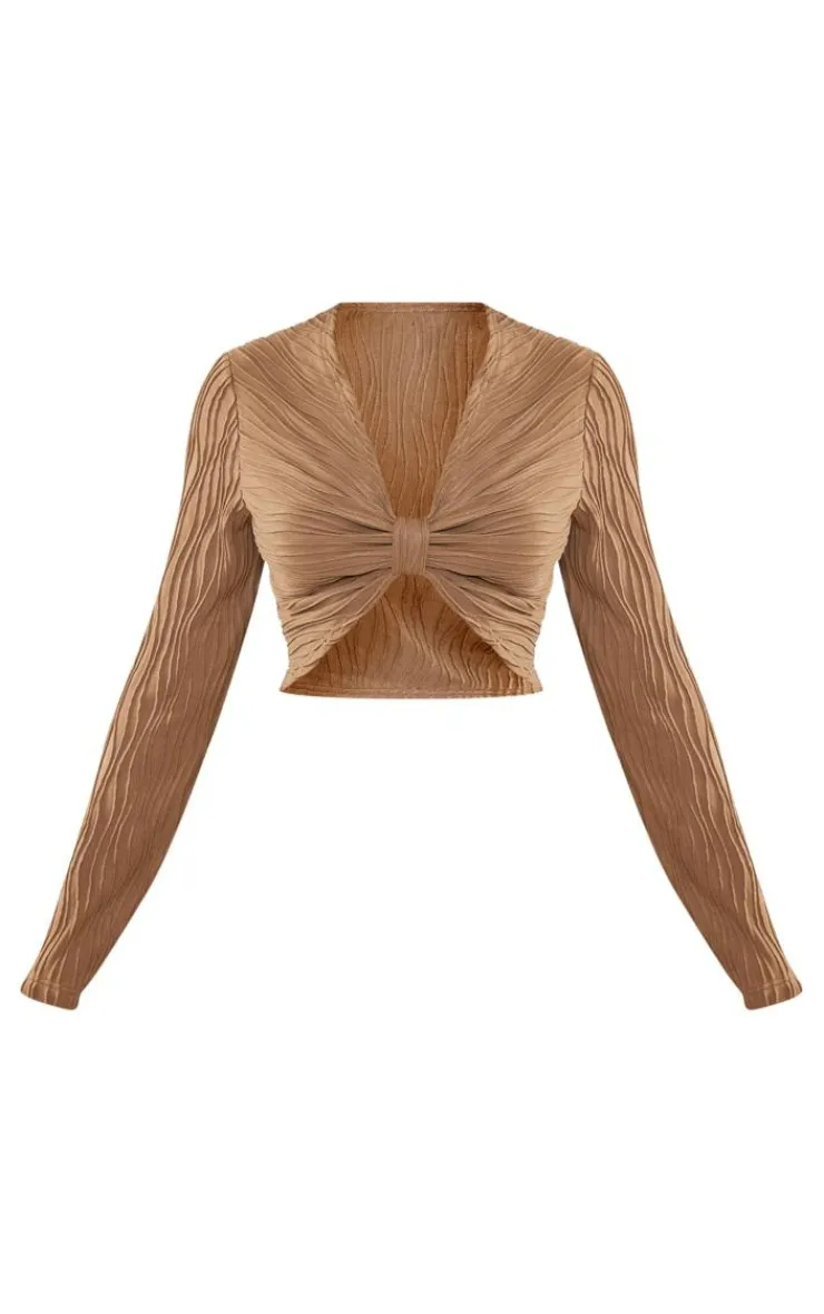PrettyLittleThing Textured Twist Front Long Sleeve Top Taupe