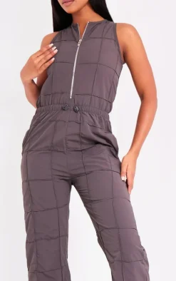 Taupe Textured Zip Up Toggle Jumpsuit