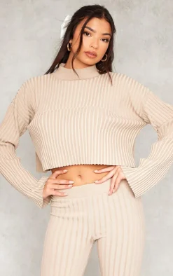 Outlet PrettyLittleThing Two Tone Thick Rib Knit Open Back High Neck Sweater Taupe