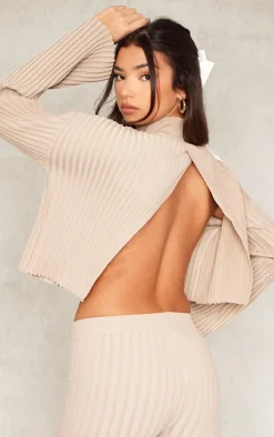 Outlet PrettyLittleThing Two Tone Thick Rib Knit Open Back High Neck Sweater Taupe